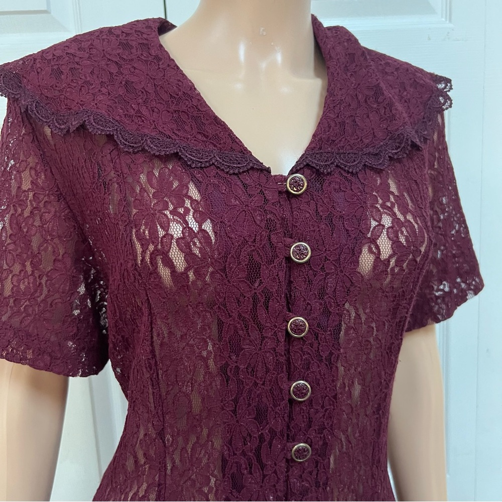VTG Burgundy Lace Button-Down Long Dress Size L Short Sleeve - Picture 7 of 16